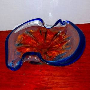VINTAGE MURANO ART GLASS BLUE AMBER BOWL DISH ASHTRAY 11